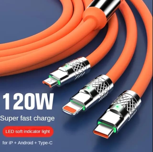 100% Original Imported Cable 6 Empire 120W Cable One Tow Three Suitable for Android, Apple, Huawei 100% Original Empire Super Fast Charger With Light Three-In-One Data Cable - 100% Original 6 Empire 3 in 1 (120W) Type C Micro USB iOS Data Cable Fast C