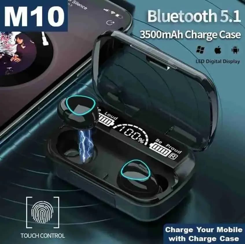 TWS M10 Wireless Bluetooth Airbuds 5.3 Earbuds Finger Touch Control Noise Cancellation with LED Display Sport Earphones with Power Bank, in Ear Base with Built Mic