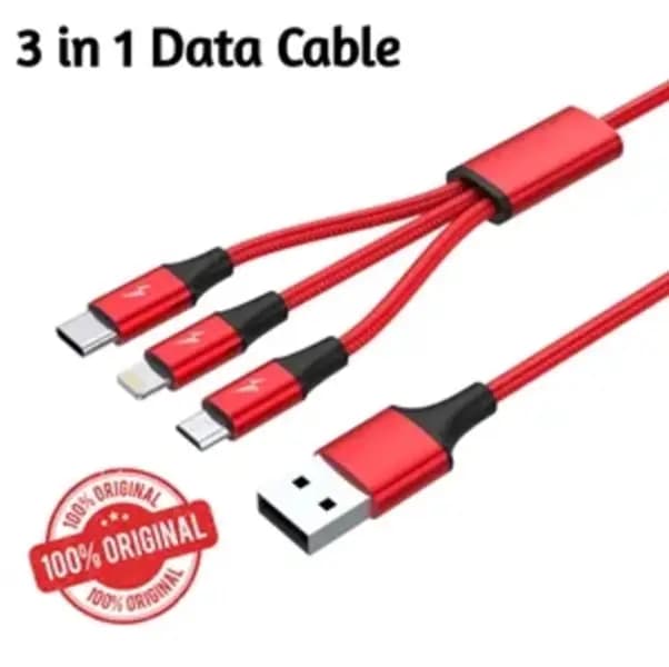 100% Pure Copper Imported 3 in 1 Iphone, Type c and Micro Pure Copper Type C Fast Charging Cable 60 watt with 24 months warranty Red Brand New